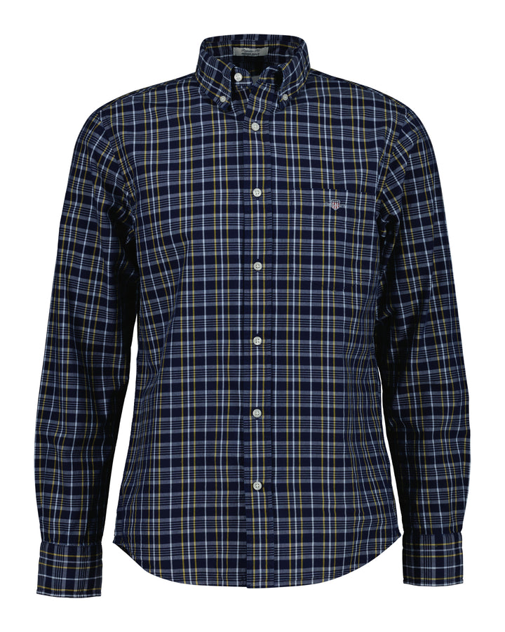 GANT indigo checked poplin shirt, button-down collar and chest pocket, long sleeves