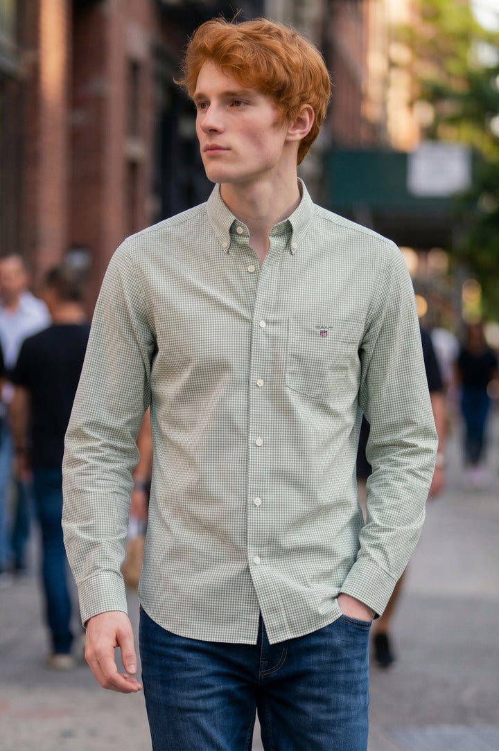 Mint green gingham poplin shirt with button-front and classic collar, chest pocket