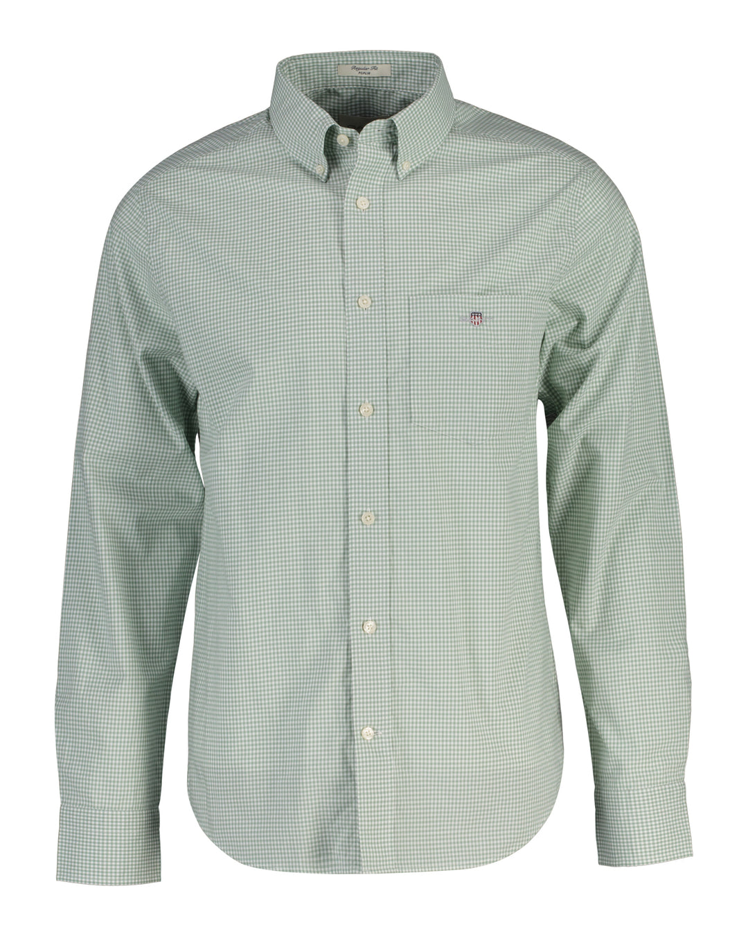 Mint green gingham poplin shirt, button-front and classic collar, long sleeves