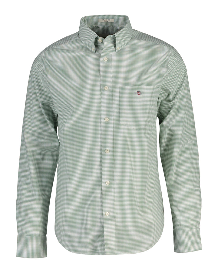 Mint green gingham poplin shirt, button-front and classic collar, long sleeves