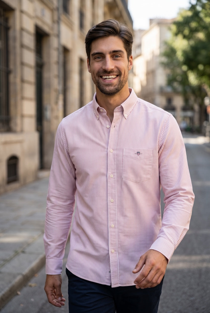 GANT pink oxford stripe button-down shirt, long sleeves, collared front