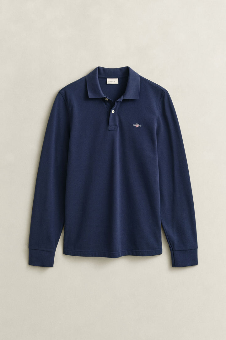 GANT navy long-sleeve polo shirt, polo collar, button placket, chest logo