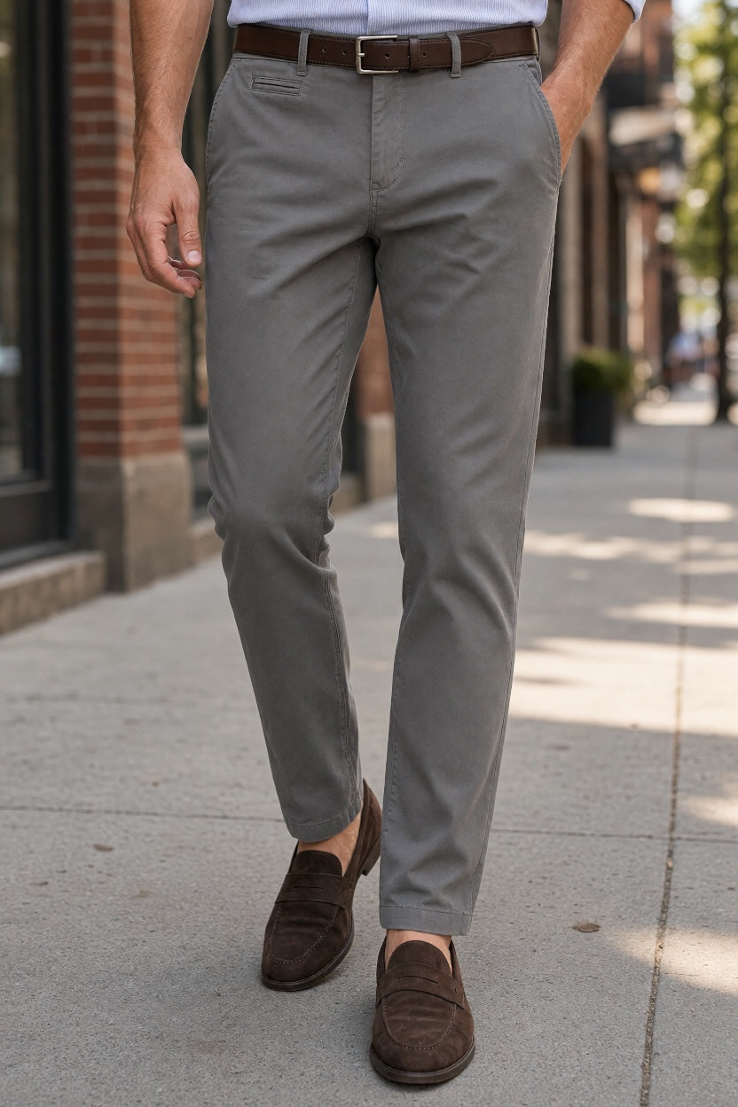 BUGATTI graphite tapered chino pants, front view with belt loops and button closure