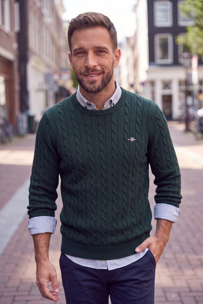 GANT GREEN CLASSIC CABLE KNIT SWEAT
