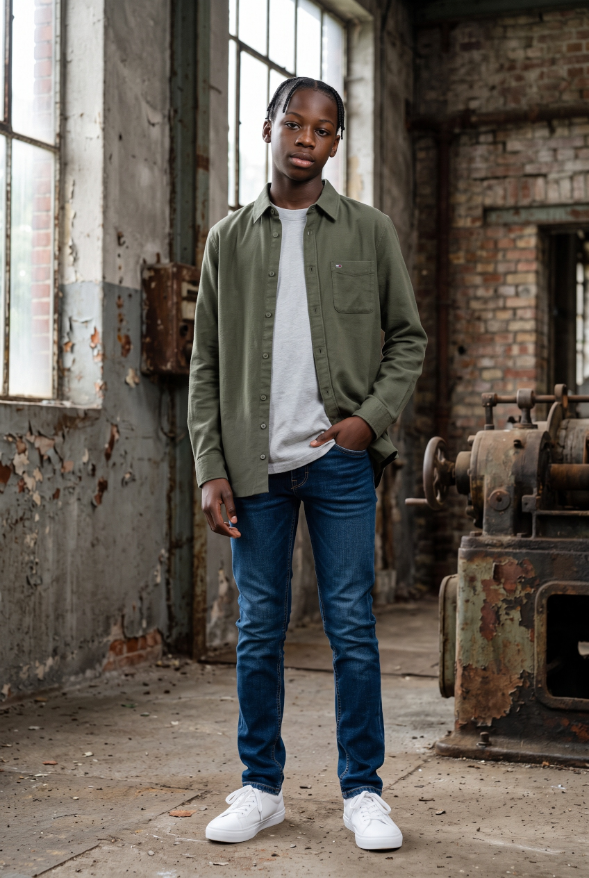 TOMMY JEANS green flannel button-up shirt with chest pocket, long sleeves