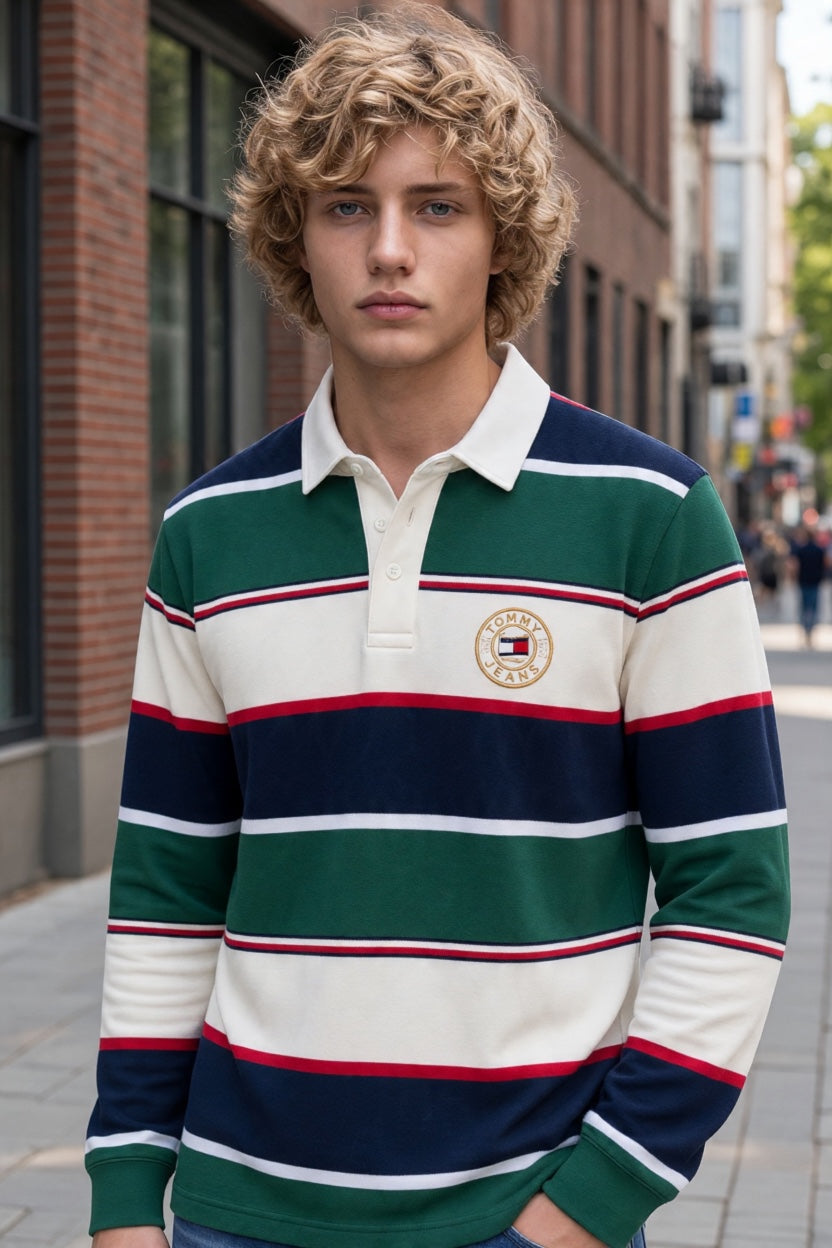 TOMMY JEANS  GREEN STRIPE VARSITY RUGBY SHIRT