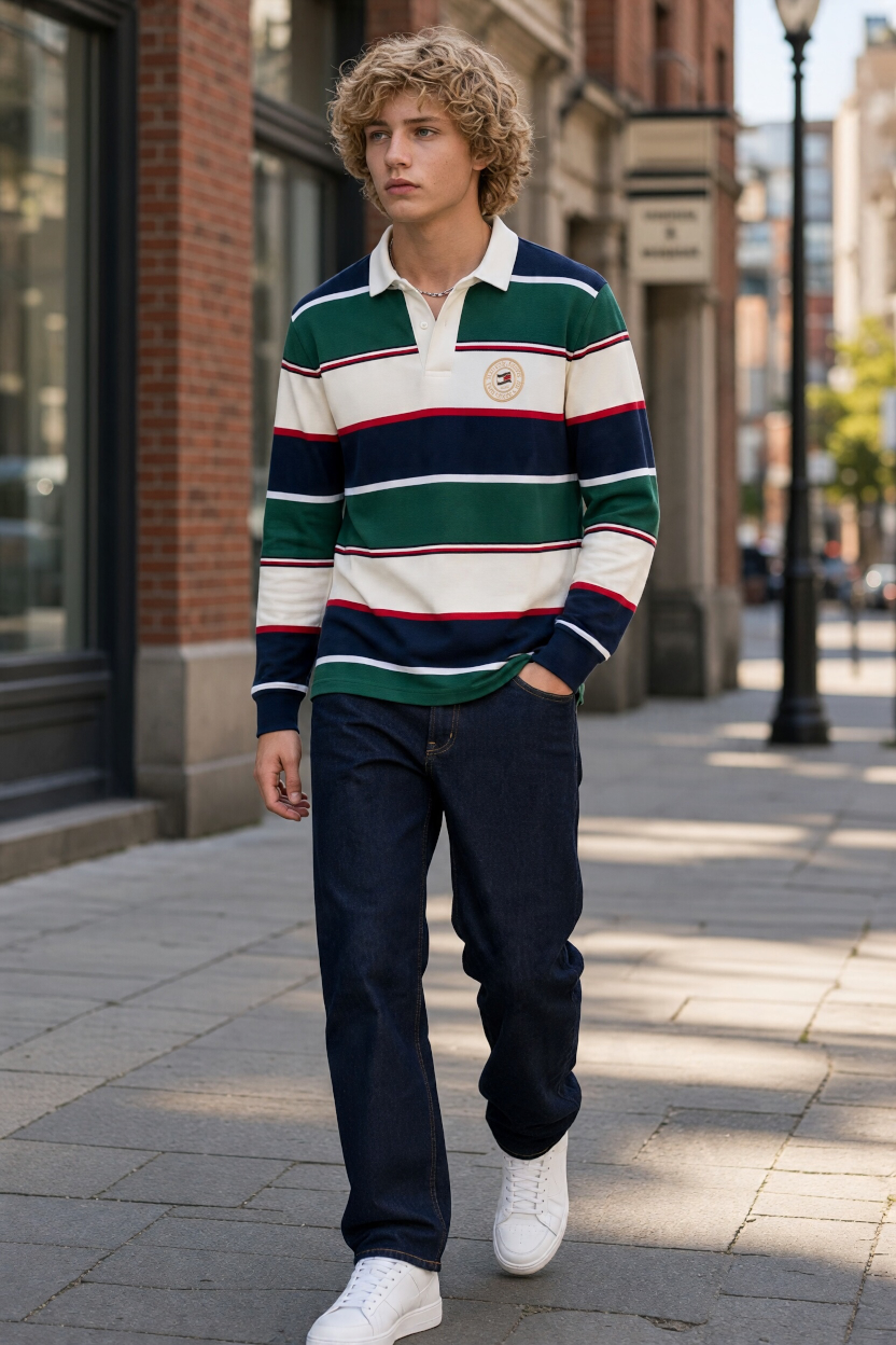 TOMMY JEANS  GREEN STRIPE VARSITY RUGBY SHIRT