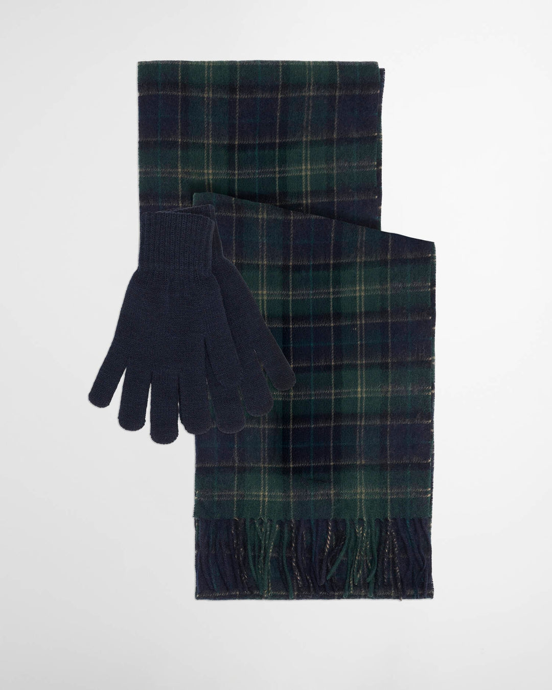 Green and navy tartan scarf with knitted navy gloves