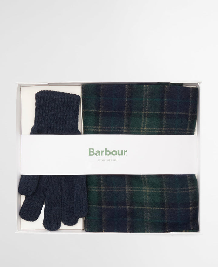 Tartan scarf and navy gloves in gift box with Barbour logo