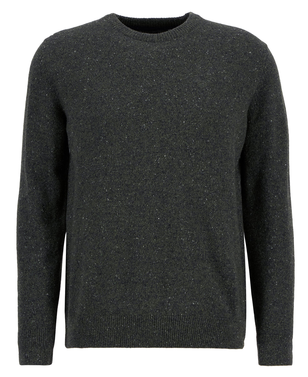 BARBOUR crew neck sweater, dark speckled knit with ribbed collar, cuffs, hem
