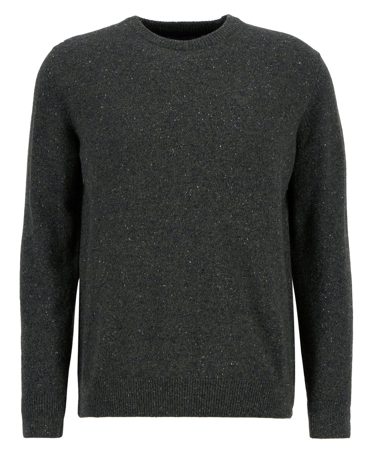 BARBOUR crew neck sweater, dark speckled knit with ribbed collar, cuffs, hem