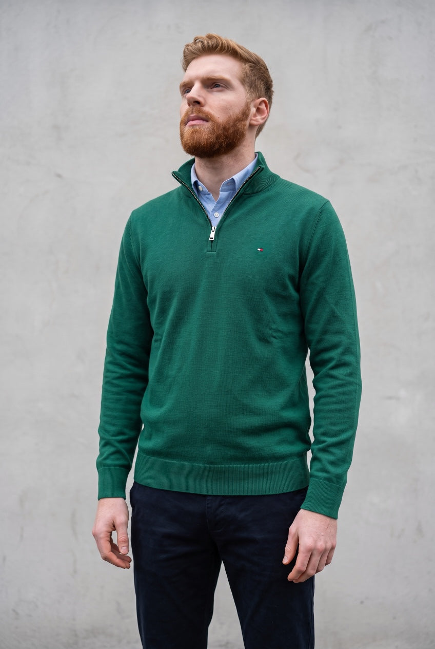 TOMMY HILFIGER green quarter-zip mock neck sweater worn by model
