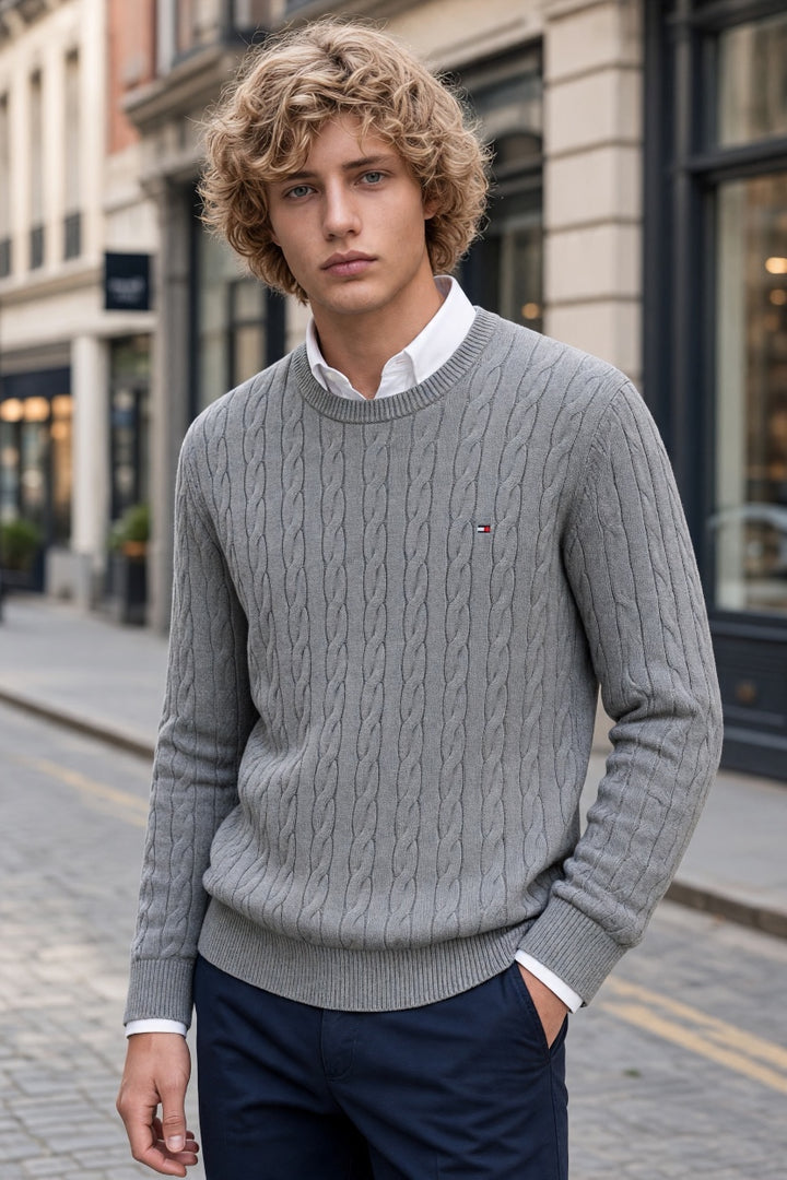 Grey cotton cable-knit crew neck sweater with small chest flag logo
