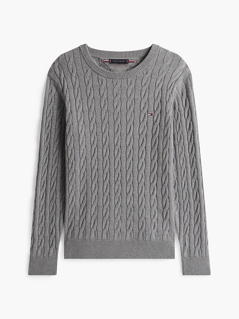 Grey cable-knit crew neck sweater with long sleeves and small chest flag logo