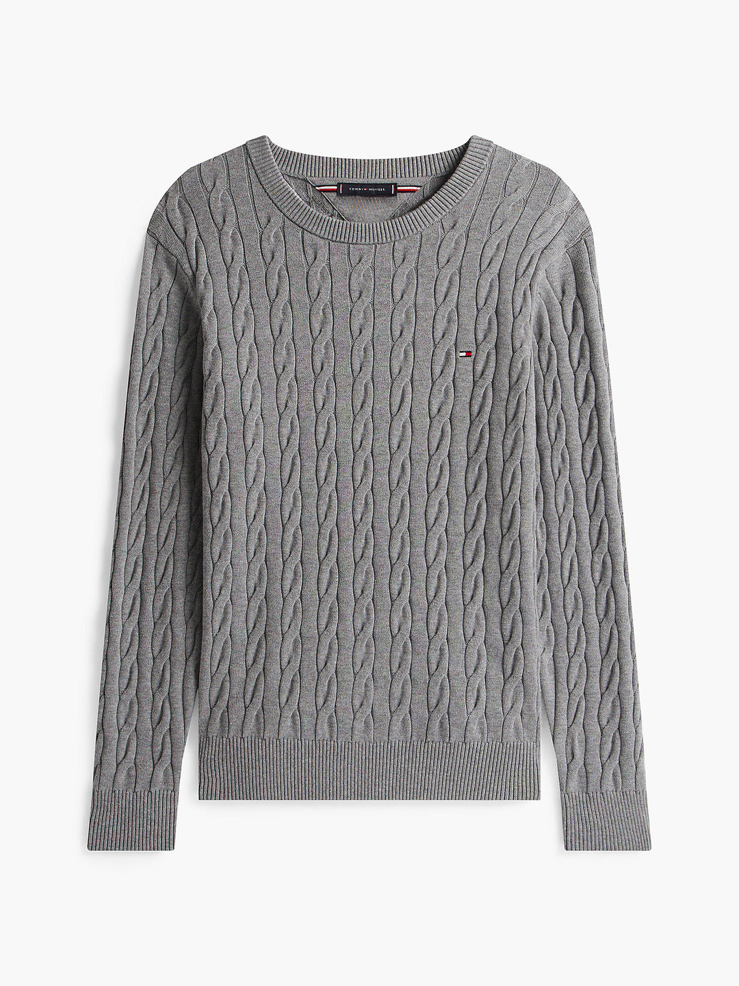 Grey cable-knit crew neck sweater with long sleeves and small chest flag logo