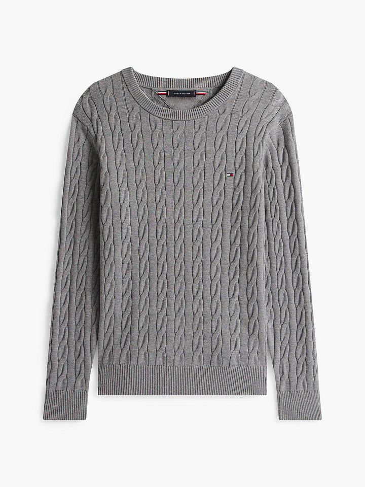 Grey cable-knit crew neck sweater with long sleeves and small chest flag logo