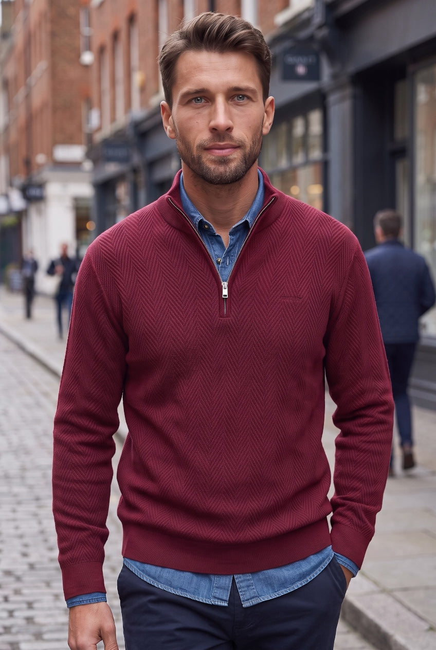 GANT RED HERRINGBONE TEXTURE 1/2 ZIP SWEATER