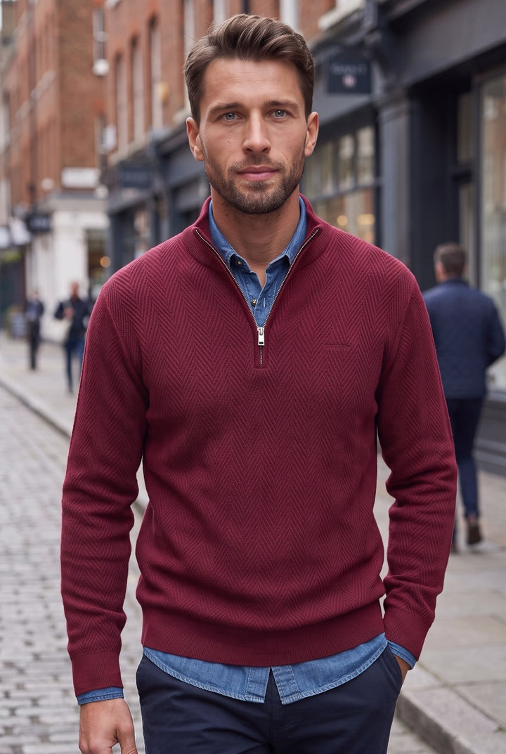 GANT RED HERRINGBONE TEXTURE 1/2 ZIP SWEATER