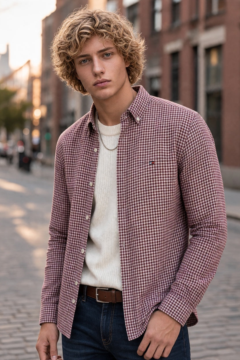TOMMY HILFIGER burgundy check oxford shirt with button-down collar