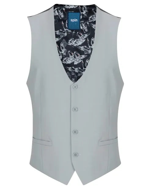 Light grey SPIN waistcoat with notch lapels, four front buttons, chest and waist pockets