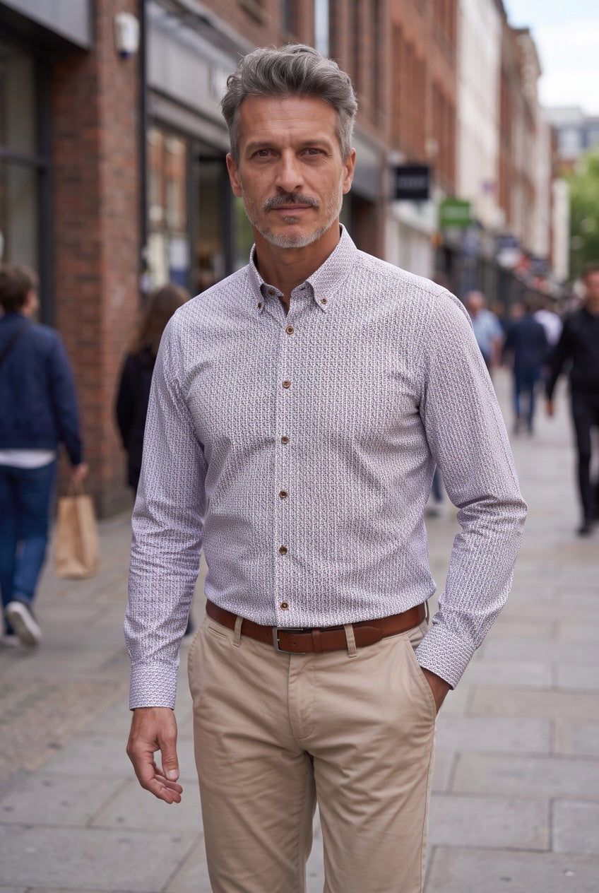 Men's patterned long-sleeve button-up shirt with spread collar and front buttons