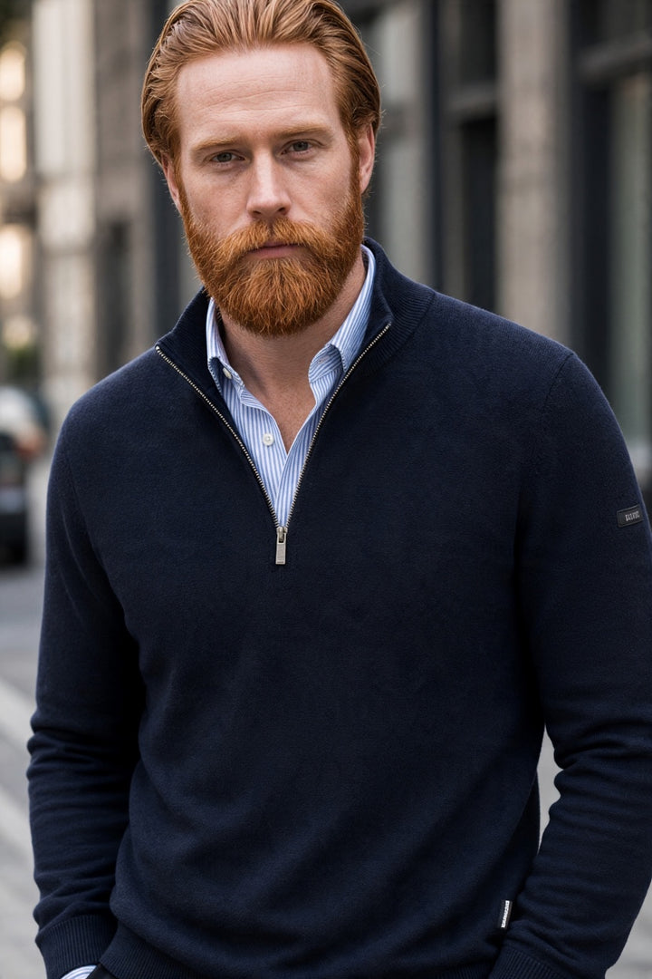 BUGATTI navy half-zip knit sweater with ribbed stand collar and cuffs