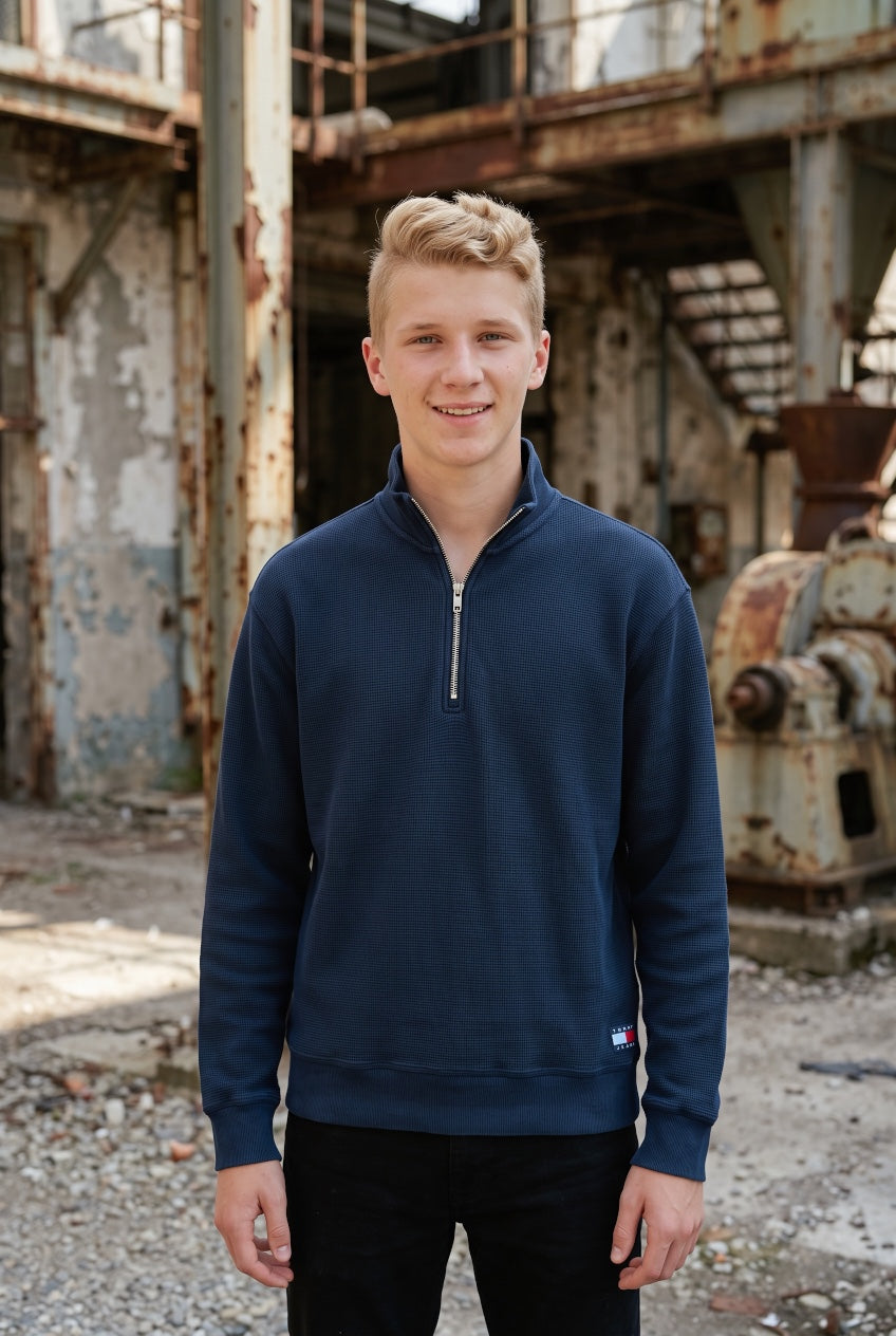 TOMMY JEANS 1/2 ZIPJM DARK BLUE RLX WASHED WAFFLE QZ
