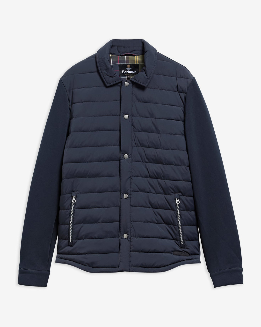 Barbour navy quilted hybrid jacket, snap button front, stand collar, zip chest pocket