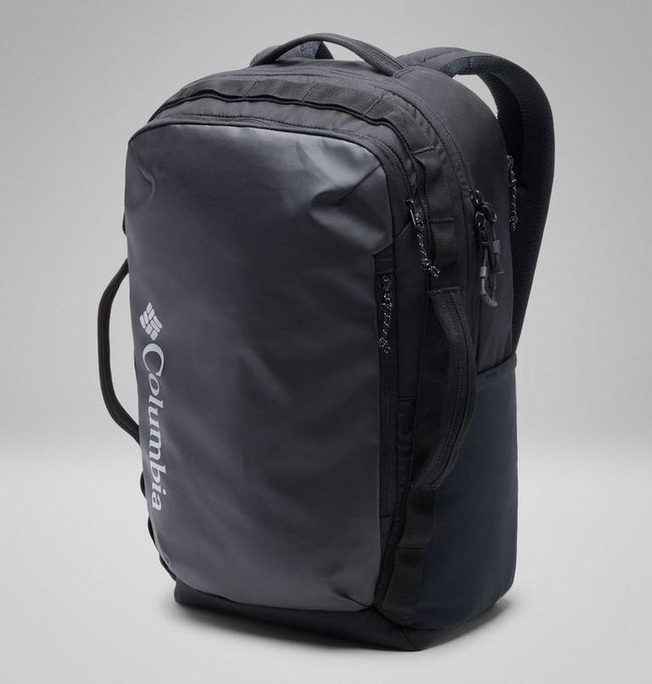 Black Columbia backpack with front zip pocket and side lanyard straps