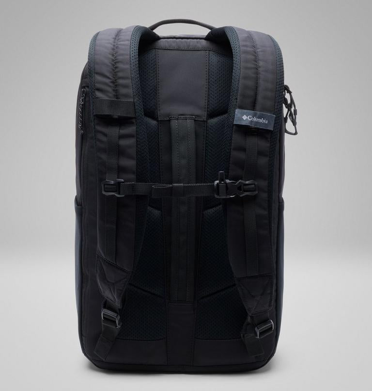 Black Columbia backpack front with top handle, webbing straps, and chest buckle