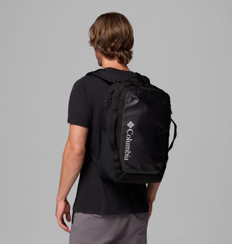 Black Columbia backpack worn on back with adjustable shoulder straps