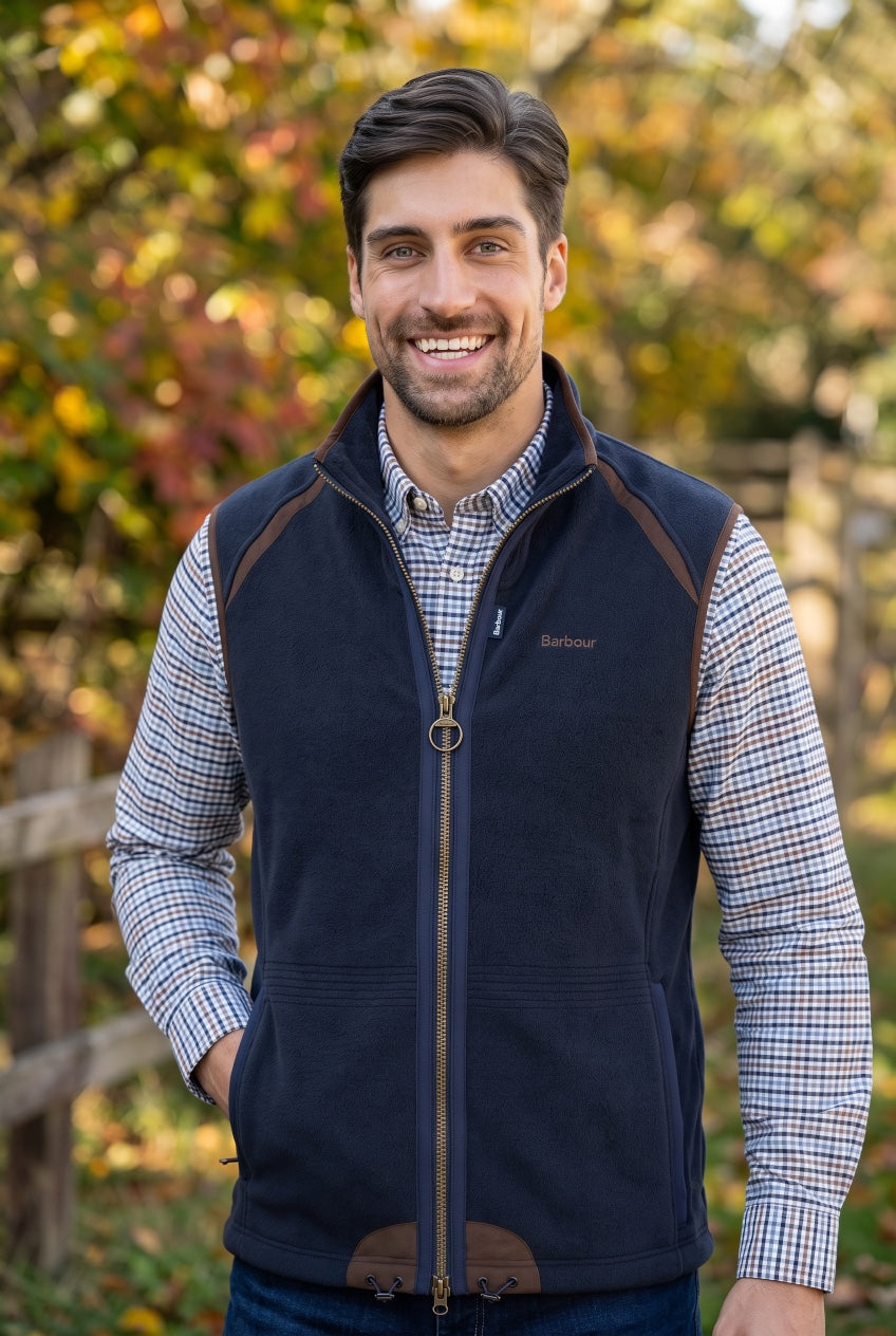 Barbour navy fleece gilet with logo, full zip, stand collar; sleeveless