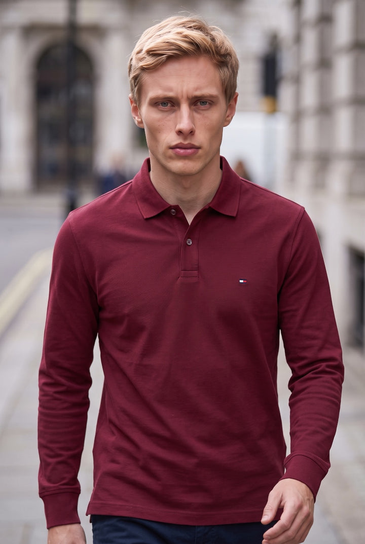 TOMMY HILFIGER LS BURGUNDY LIQUID COTTON  REG POLO