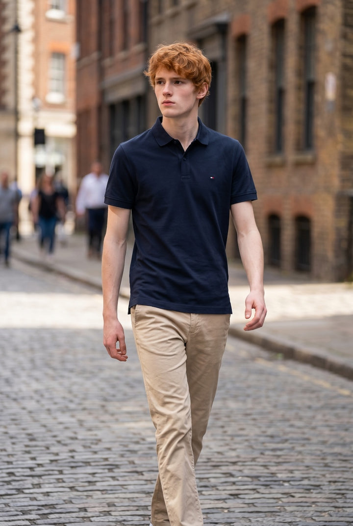 Tommy Hilfiger navy liquid cotton polo shirt, short sleeves, buttoned collar placket