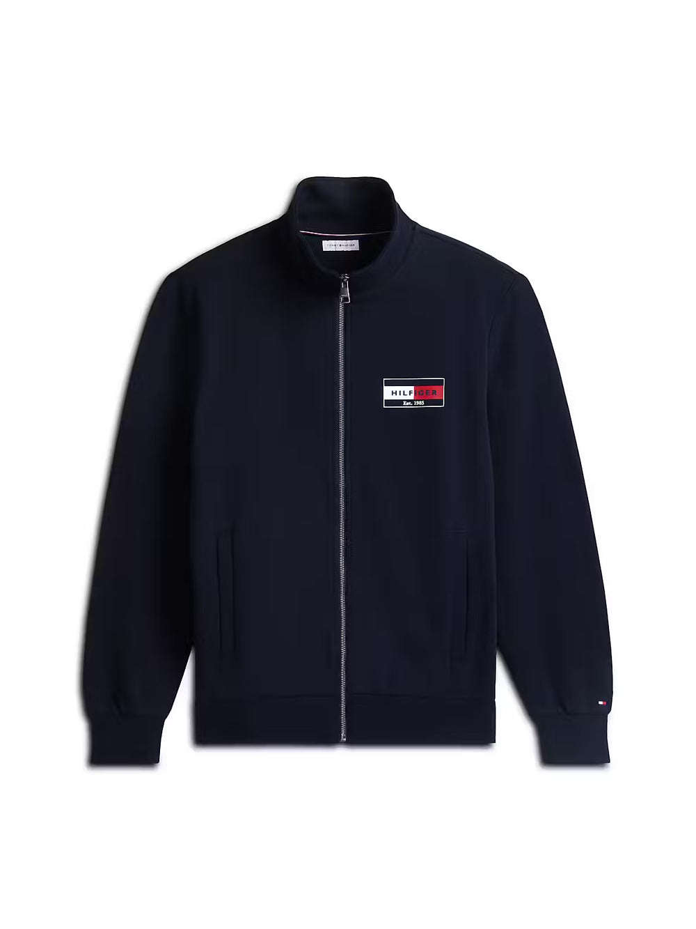 Men's navy zip-front sweatshirt with small flag chest patch