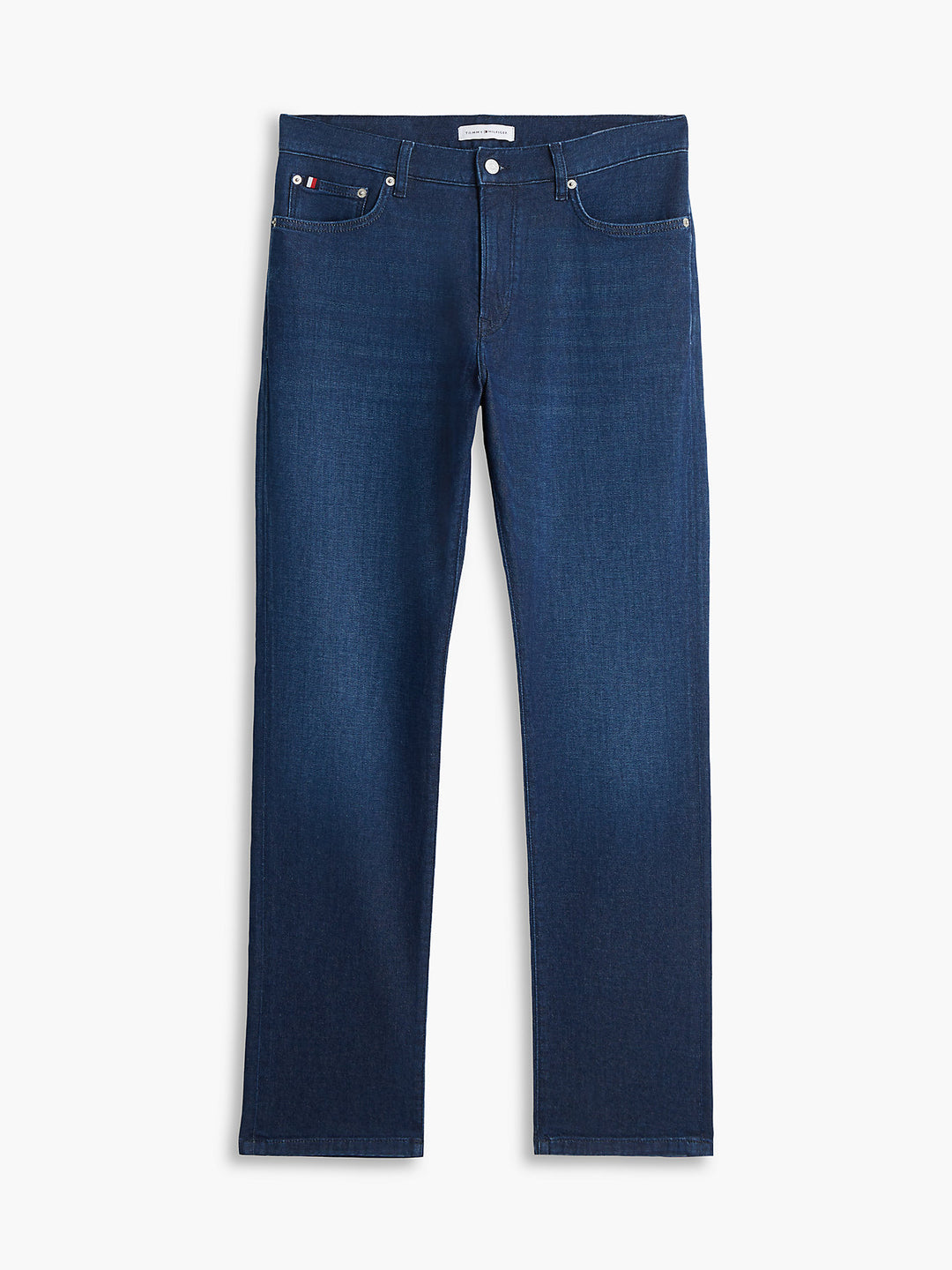 Dark blue denim slim-straight jeans with button fly, belt loops, and front pockets