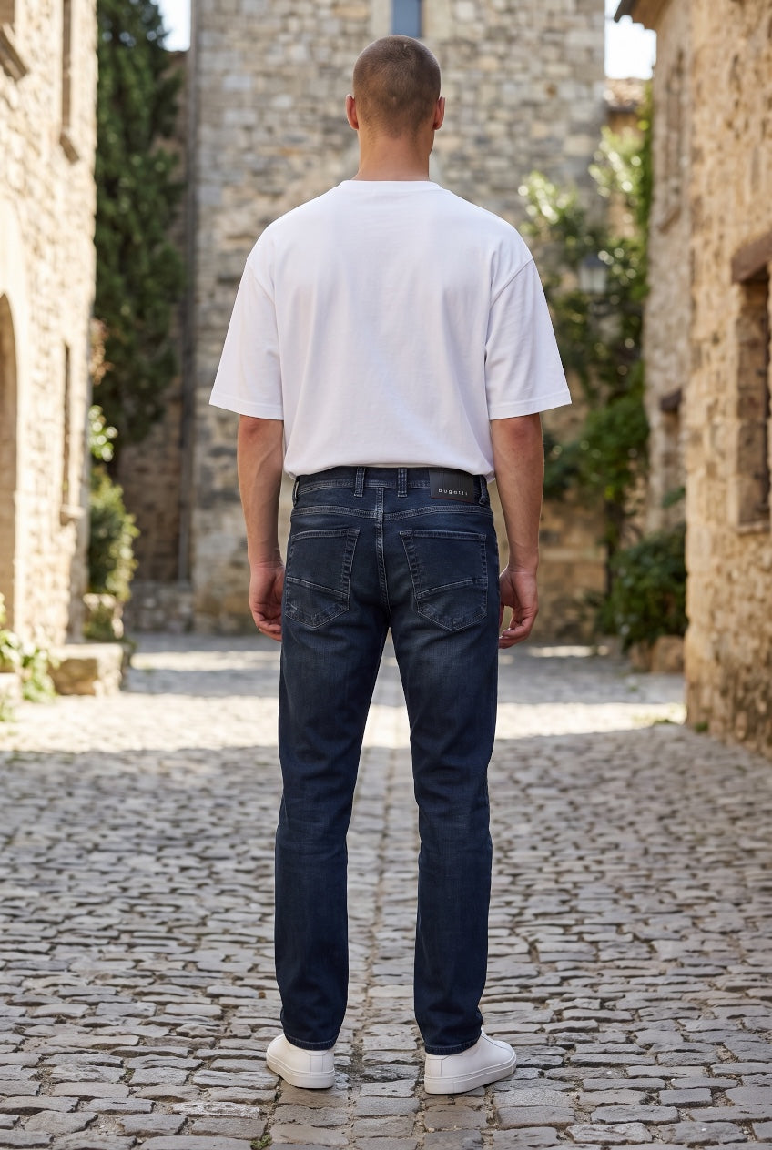 Men's denim jeans, dark blue back view, straight leg, belt loops and rear pockets