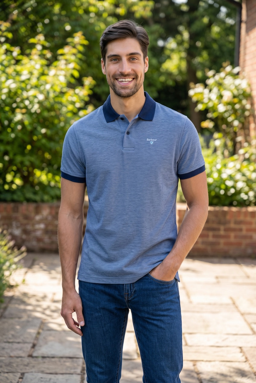 Barbour polo shirt in blue heather knit, short sleeves, button placket, chest logo