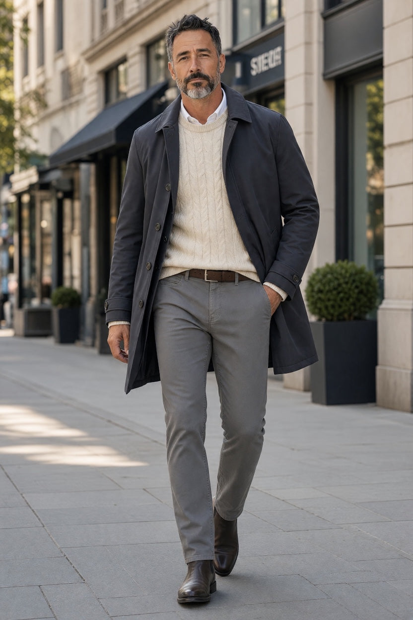 Black long mac coat with notched lapels and button front, side pockets