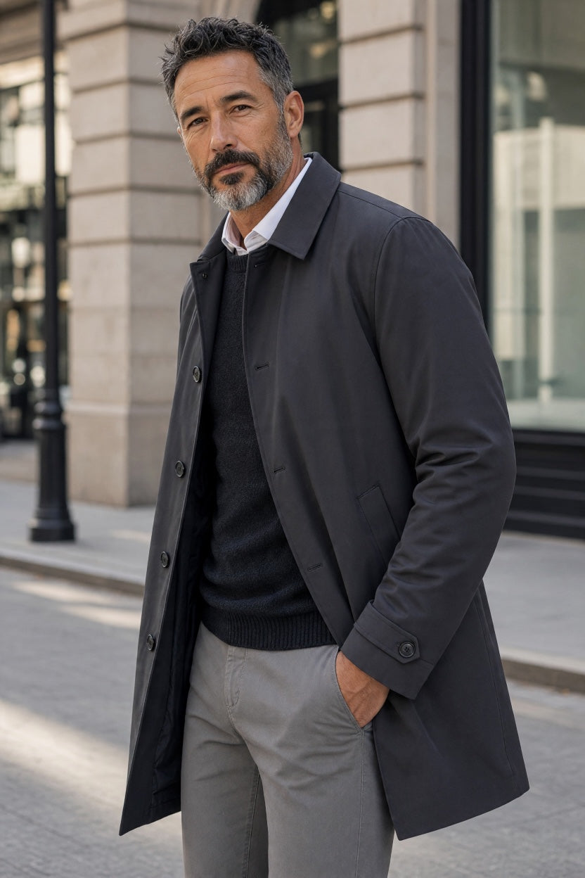 Black mac coat with single-breasted button closure, notched lapels, side pockets