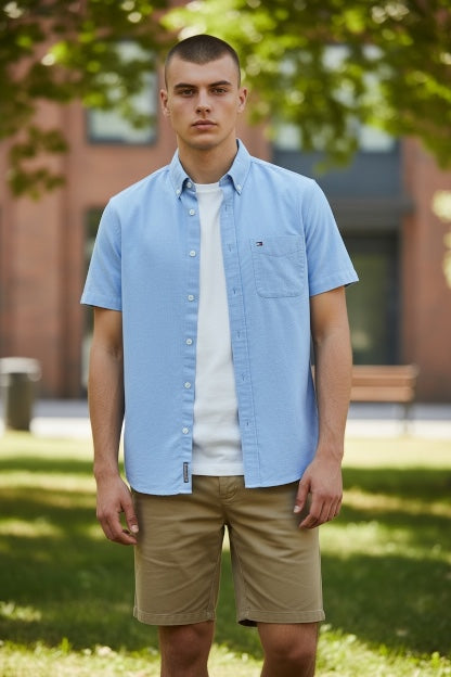 TOMMY HILFIGER OXFORD SOLID SHORT SLEEVE MARK  SHIRT