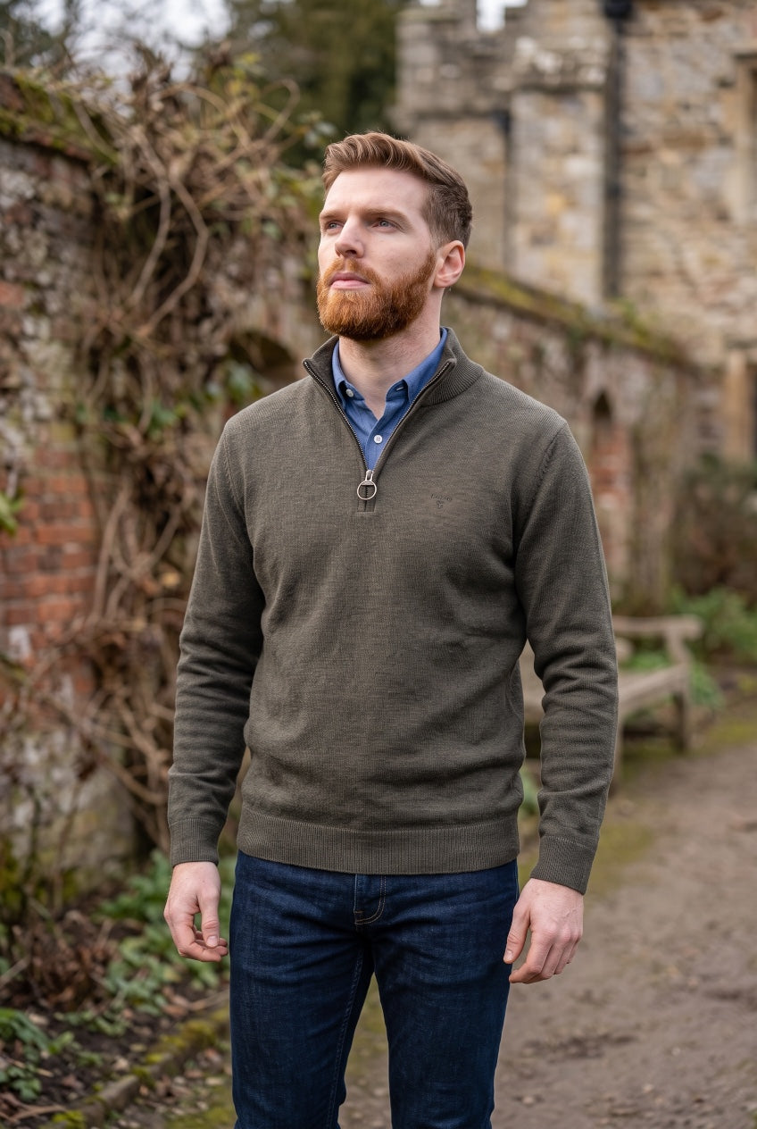 Olive marl half-zip cotton knit sweater on model with long sleeves