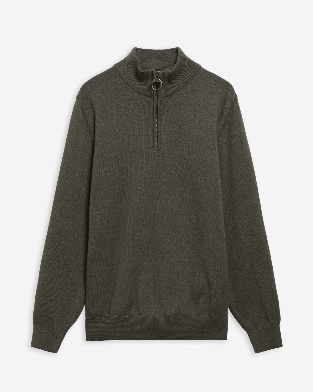 Olive marl cotton knit 1/2 zip sweater with ribbed collar and long sleeves
