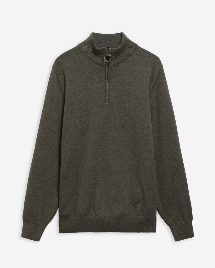 Olive marl cotton knit 1/2 zip sweater with ribbed collar and long sleeves
