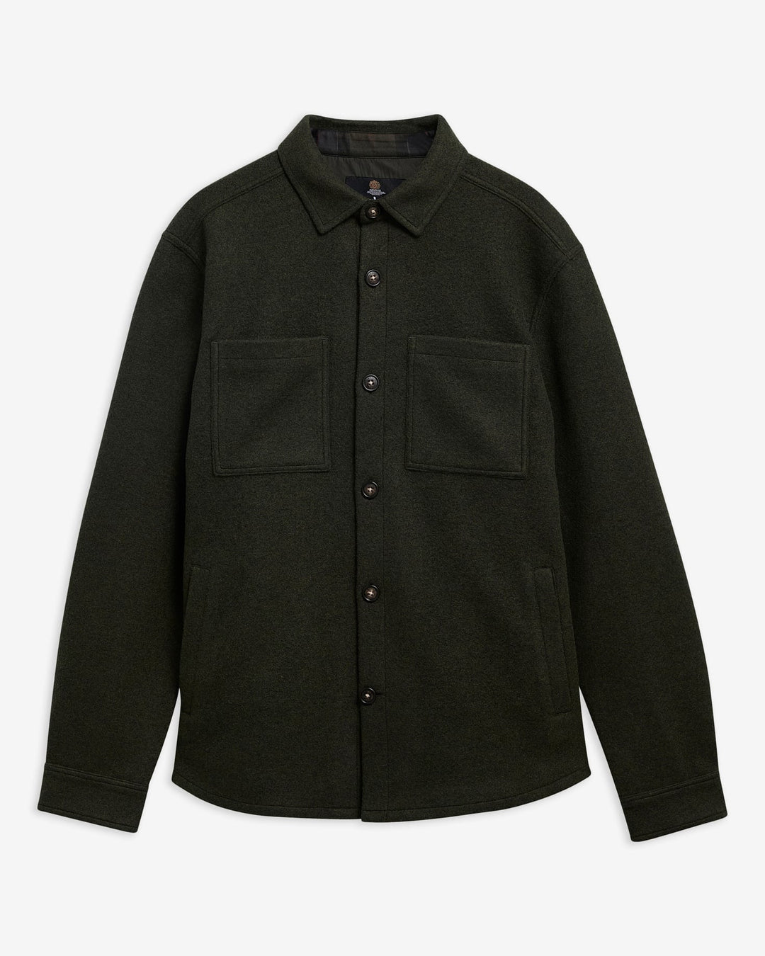 Barbour tailored overshirt front view, dark green button placket and chest pockets