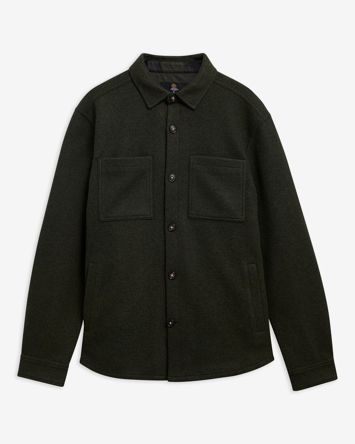 Barbour tailored overshirt front view, dark green button placket and chest pockets