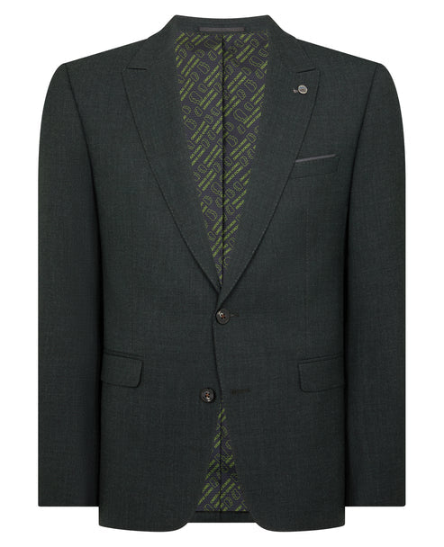 Dark green suit jacket with notch lapels and flap pockets; patterned waistcoat underneath