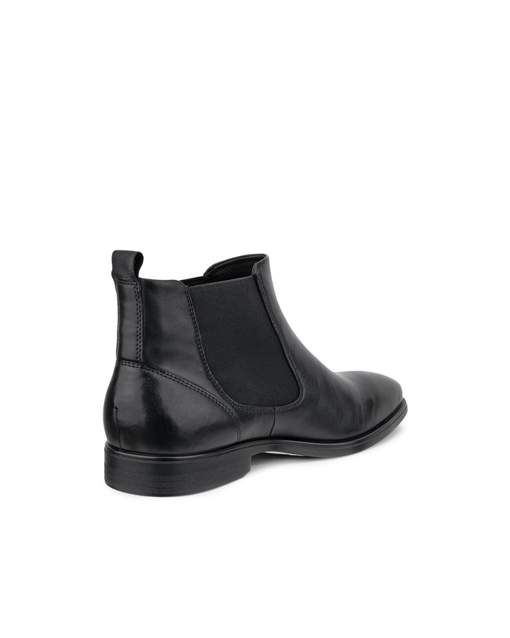 Black chelsea boot back view with elastic side panels and low block heel