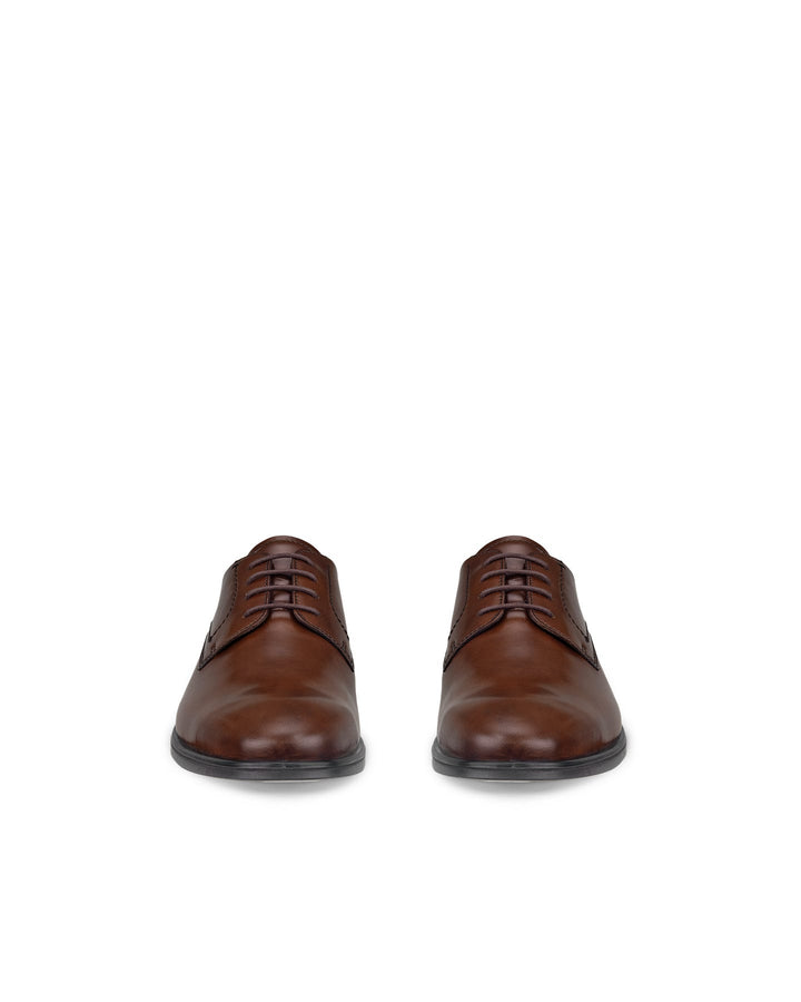 Brown leather lace-up derby shoes, front view with rounded toe and low heel