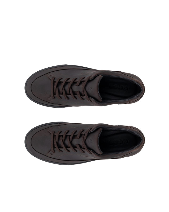 ECCO Soft 10 lace-up sneakers top view, dark brown leather uppers and black soles